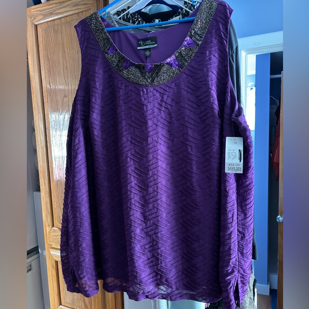 NWT Catherine’s Sleeveless Embellished Neckline Textured Purple Blouse